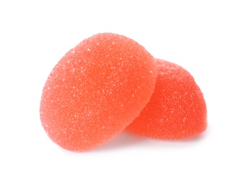 Bright delicious jelly candies on white background