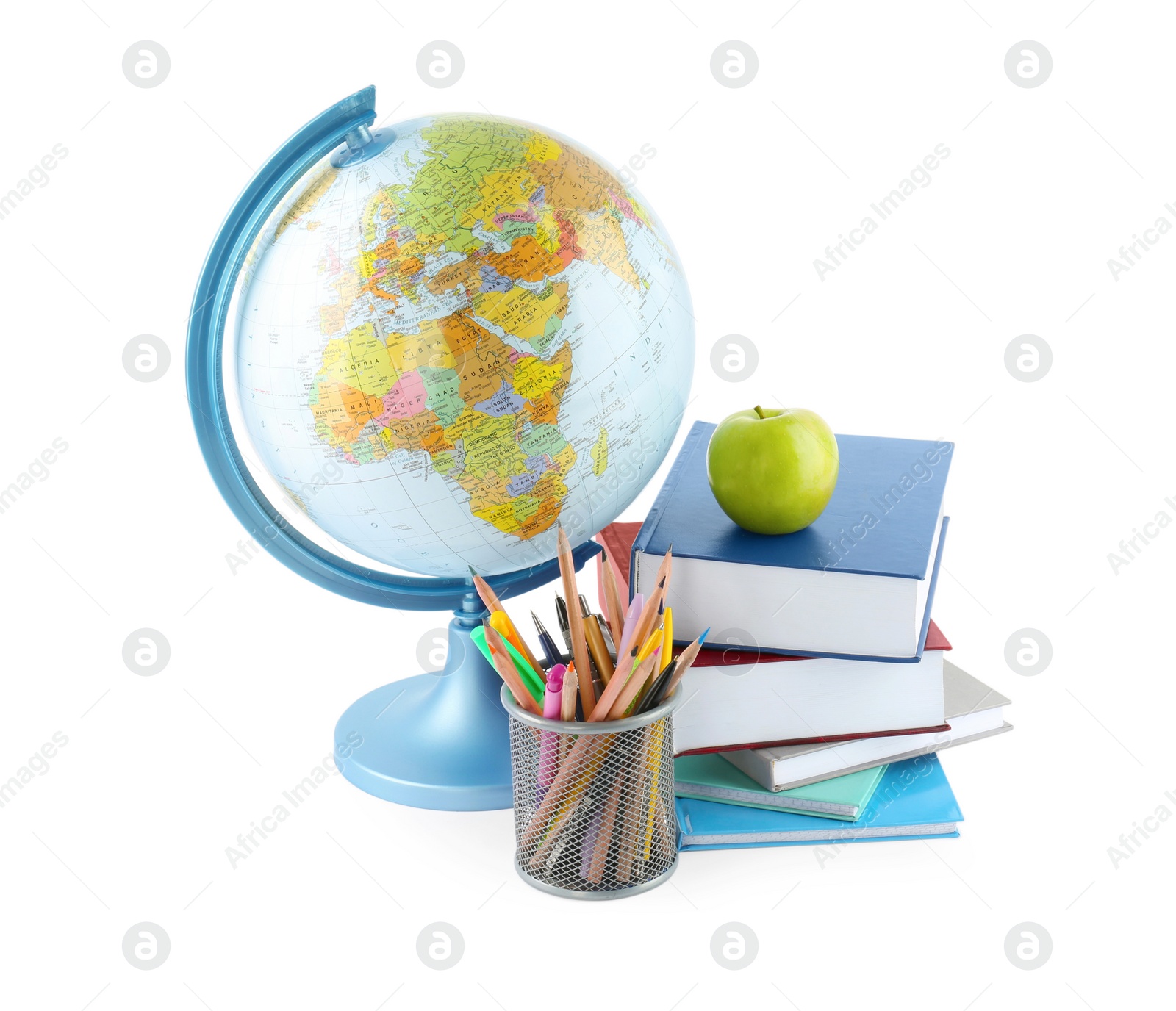 Photo of Plastic model globe of Earth, colorful pencils, apple and books on white background. Geography lesson