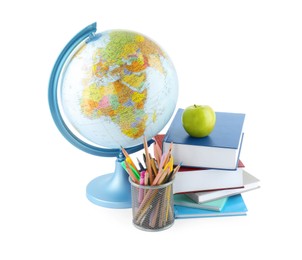 Plastic model globe of Earth, colorful pencils, apple and books on white background. Geography lesson