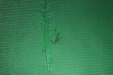 Torn window screen against green background, closeup