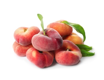 Photo of Fresh donut peaches with leaves on white background