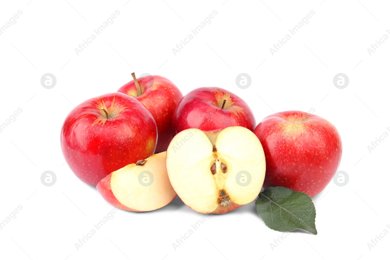 Photo of Ripe juicy red apples with leaf on white background