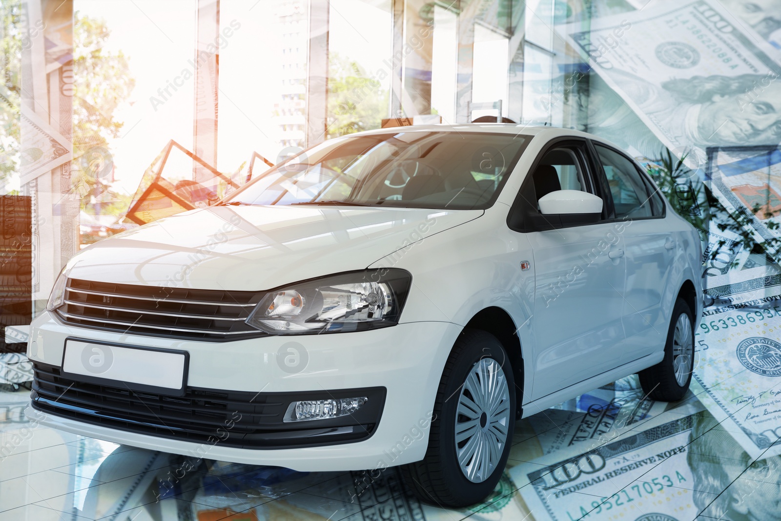 Image of Buying car. Double exposure of auto and dollar banknotes