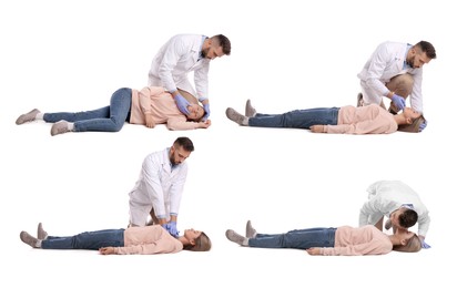 Image of Doctor performing first aid on unconscious woman against white background, collage 