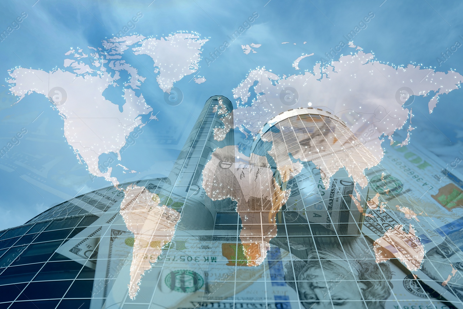 Image of Multiple exposure of money, world map and building. Online payment concept