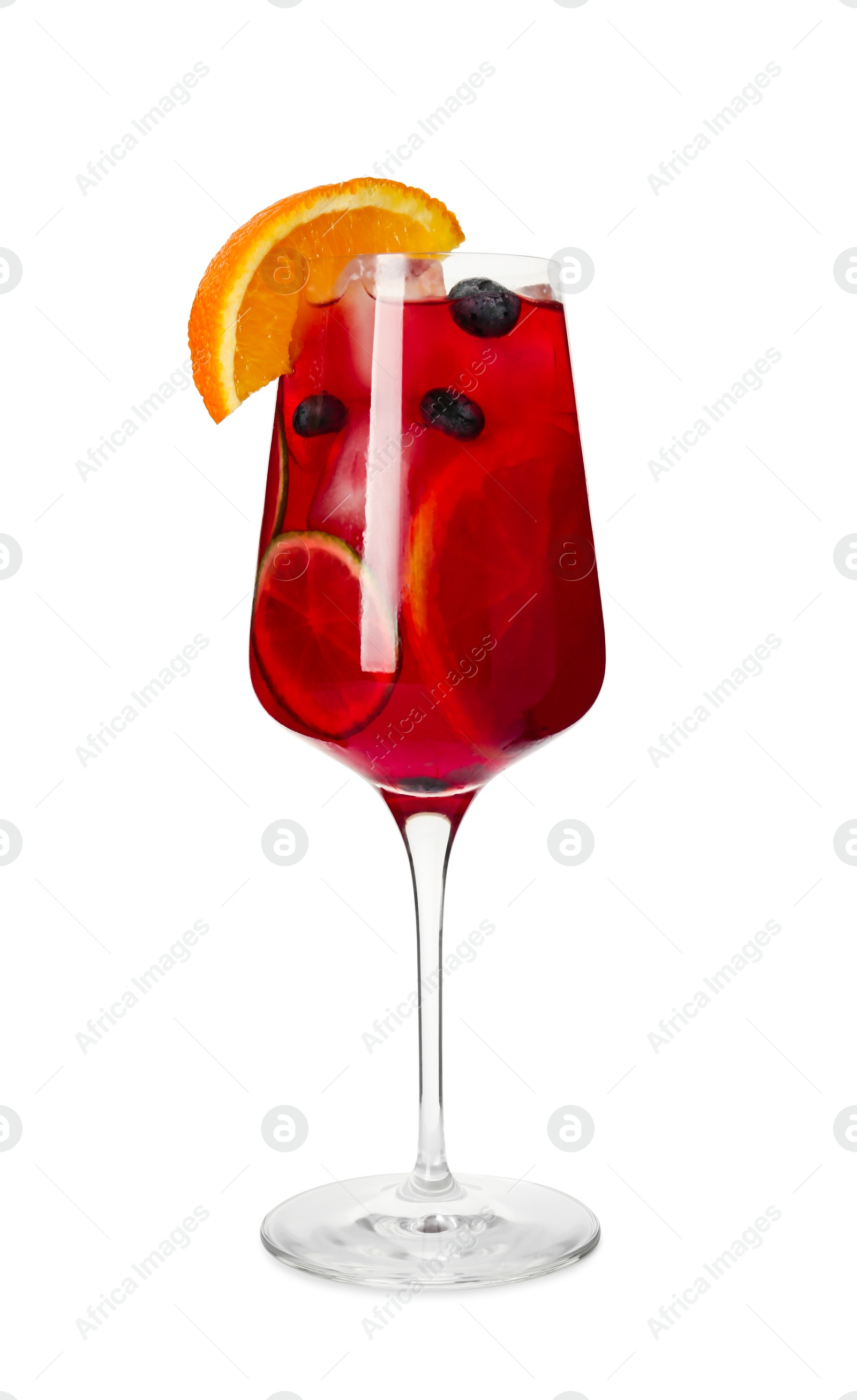 Photo of Glass of delicious Red Sangria cocktail isolated on white