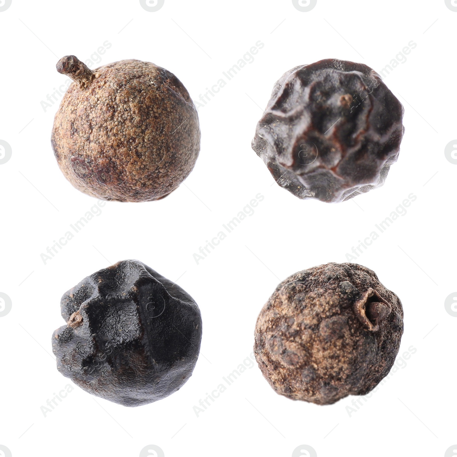 Image of Set of different peppercorns on white background