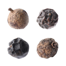 Image of Set of different peppercorns on white background