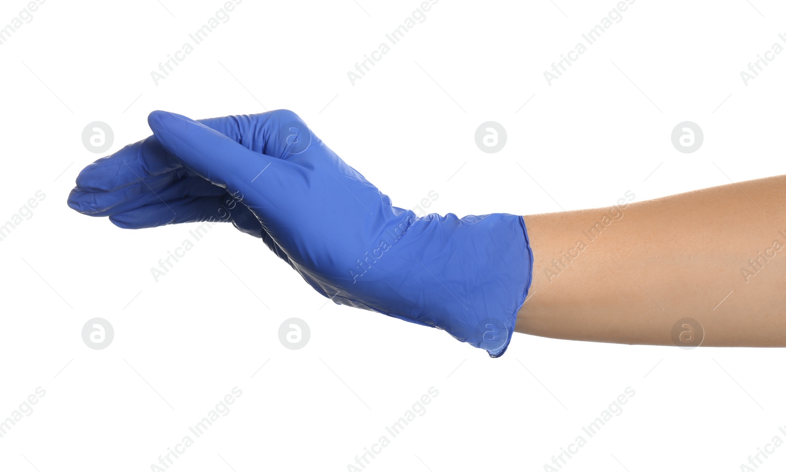 Photo of Woman in blue latex gloves on white background, closeup of hand