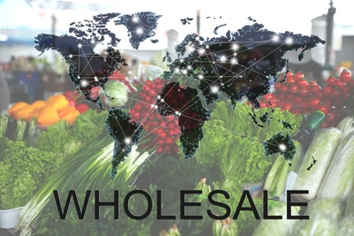 Image of Wholesale business. World map and blurred assortment of vegetables on background