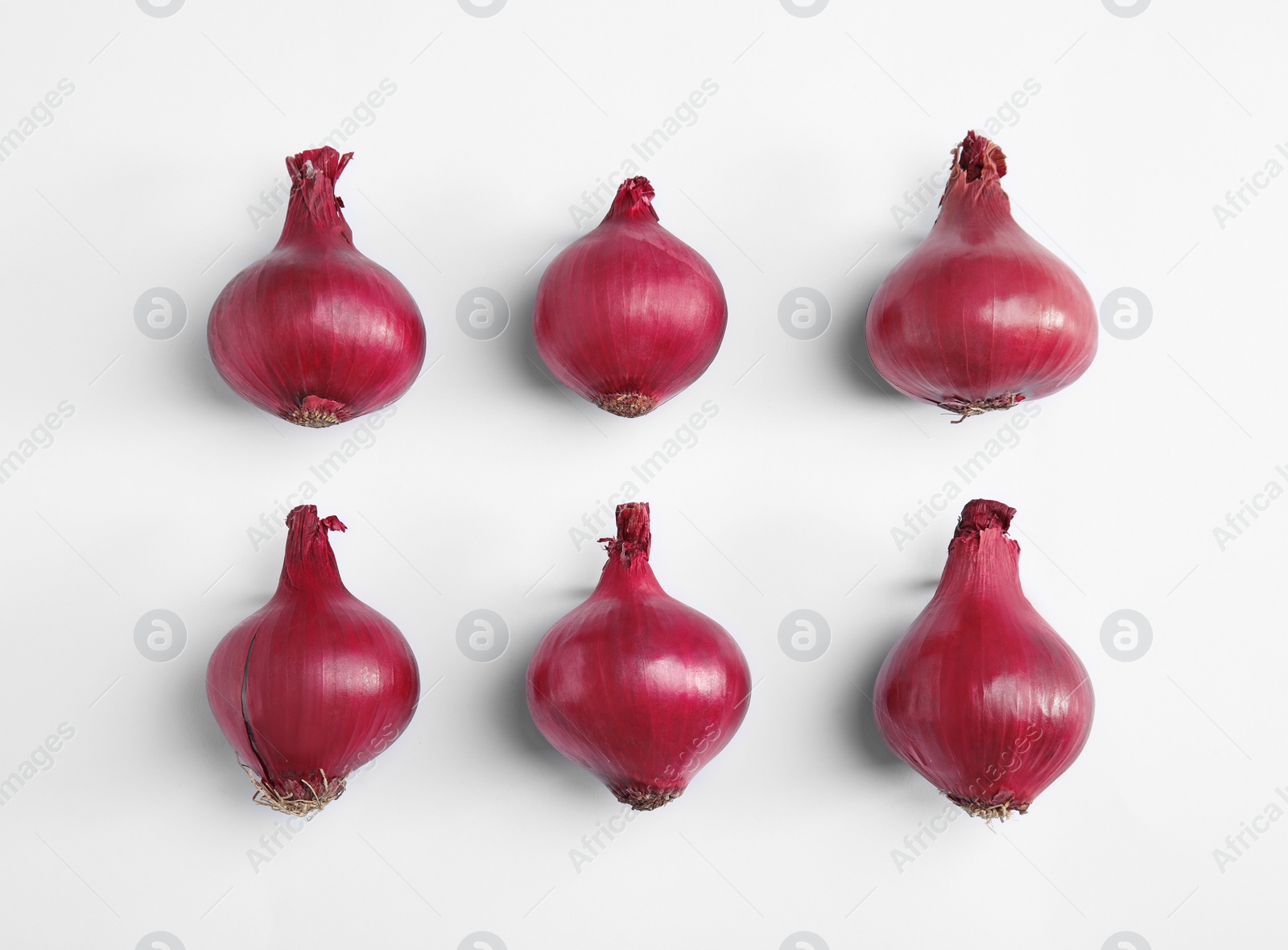 Photo of Beautiful composition with ripe red onions on white background