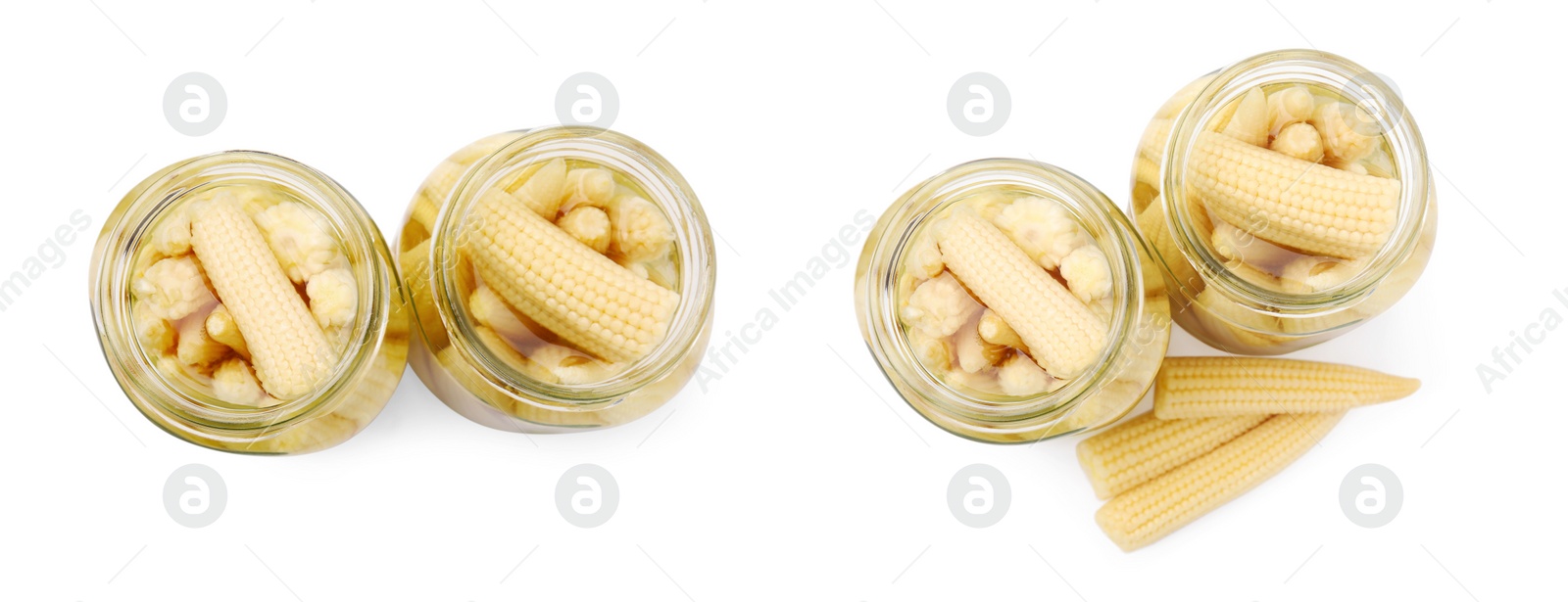 Image of Glass jars with tasty pickled baby corn on white background, collage. Banner design