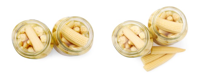 Glass jars with tasty pickled baby corn on white background, collage. Banner design