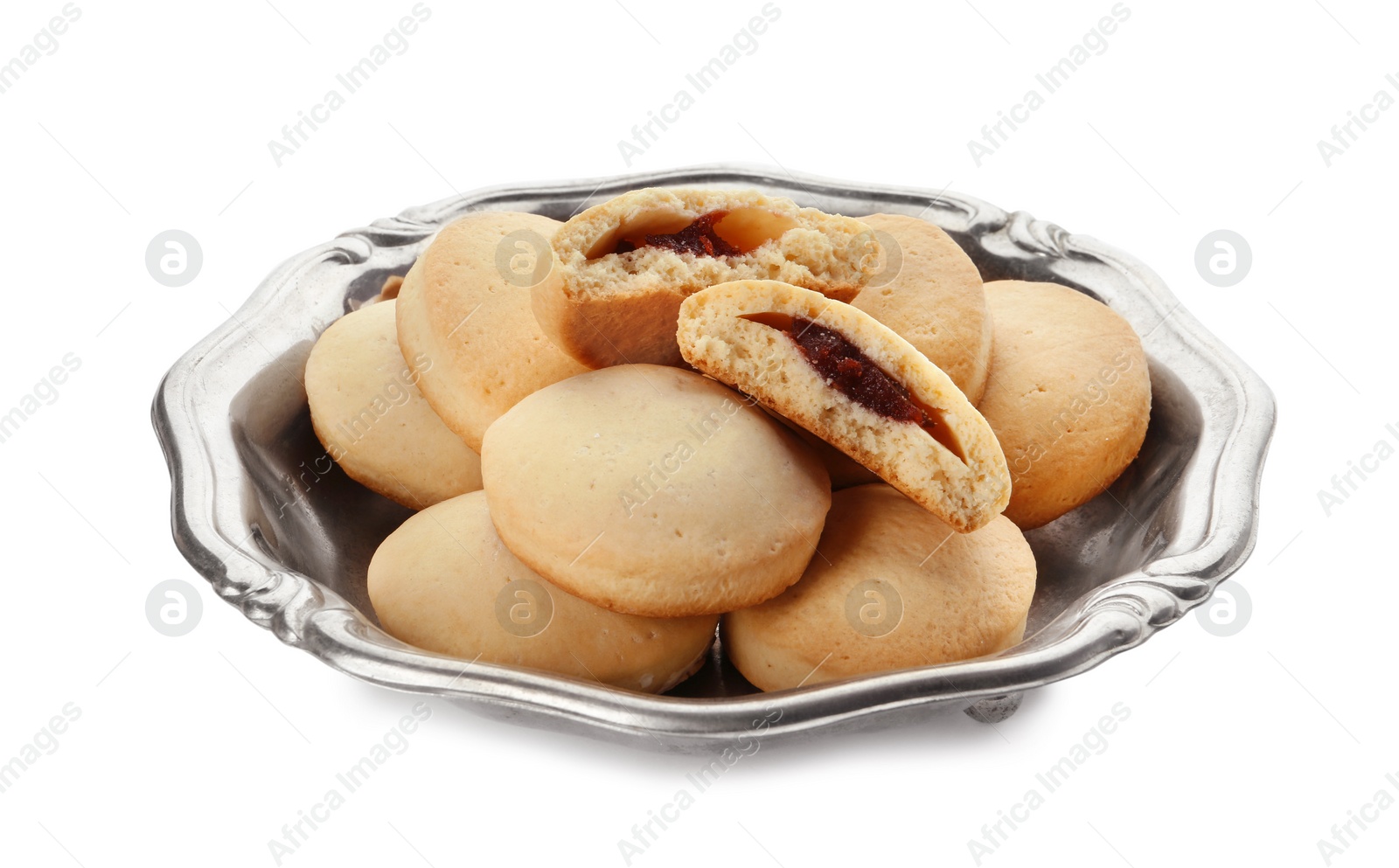 Photo of Dish with cookies for Islamic holidays isolated on white. Eid Mubarak