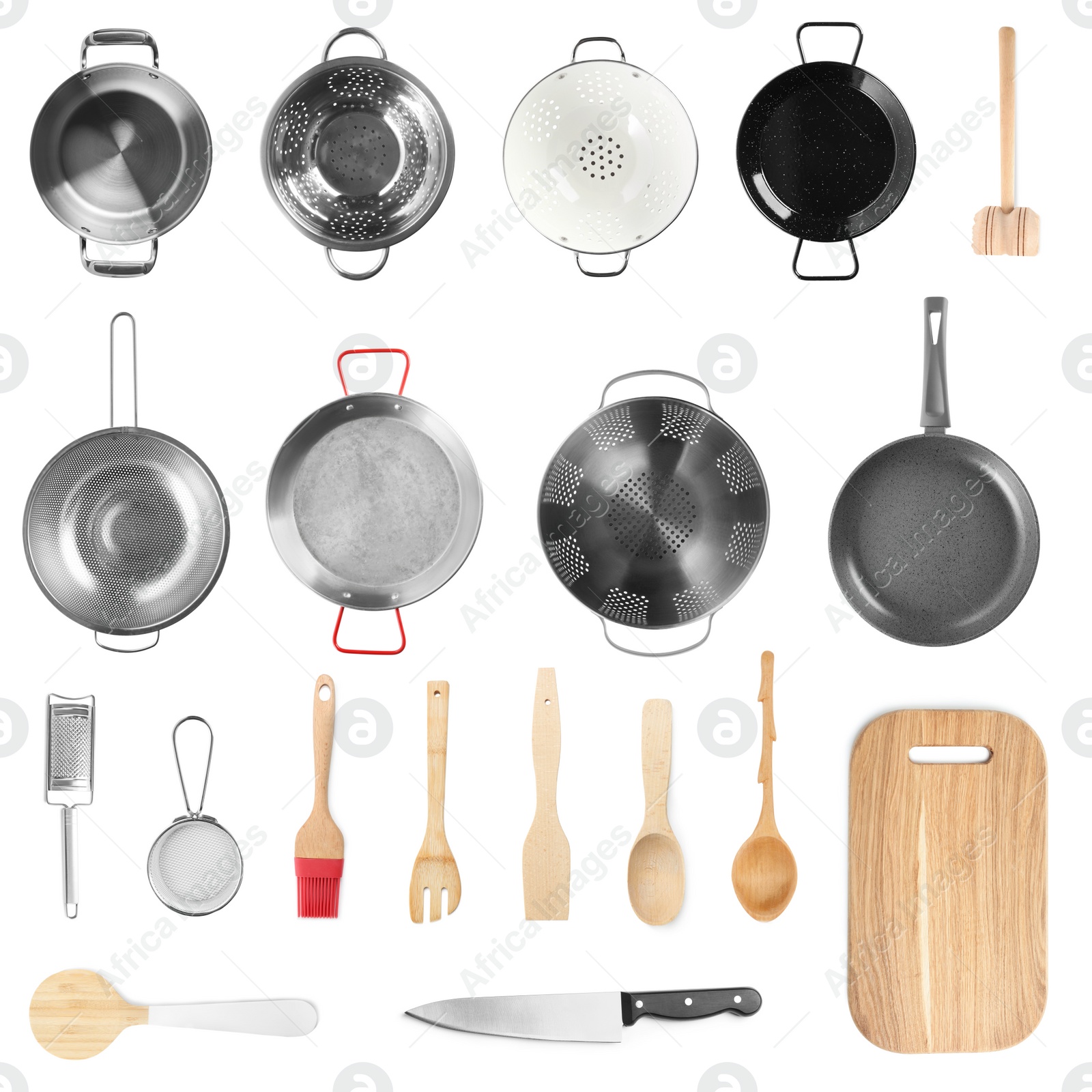 Image of Set with different cooking utensils on white background