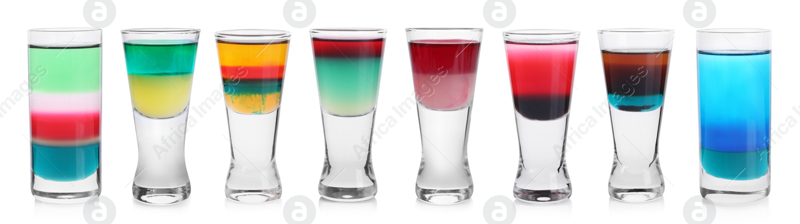 Image of Different shooters in shot glasses isolated on white, set