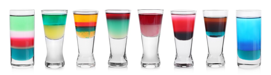 Image of Different shooters in shot glasses isolated on white, set