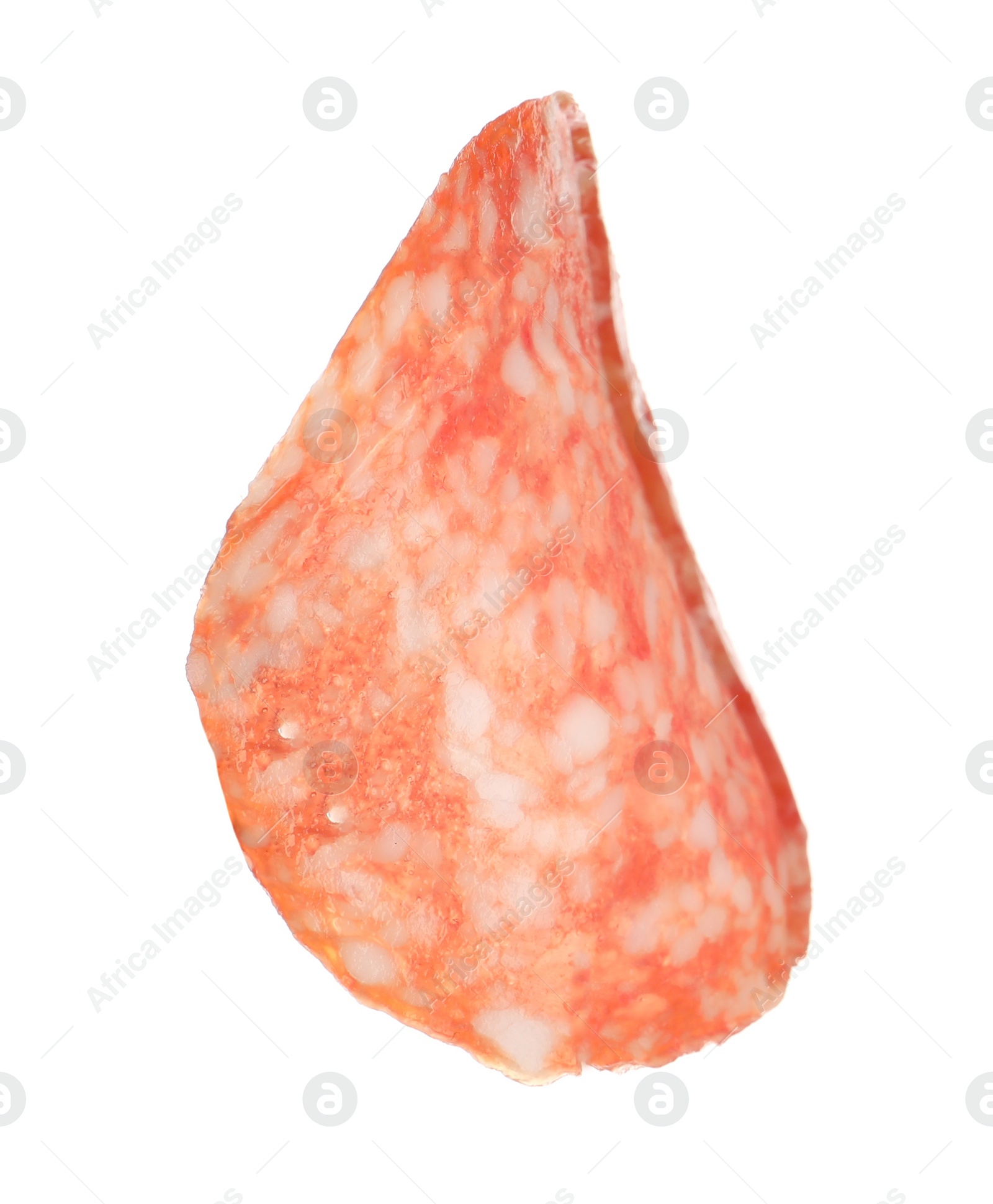 Photo of Slice of delicious sausage isolated on white