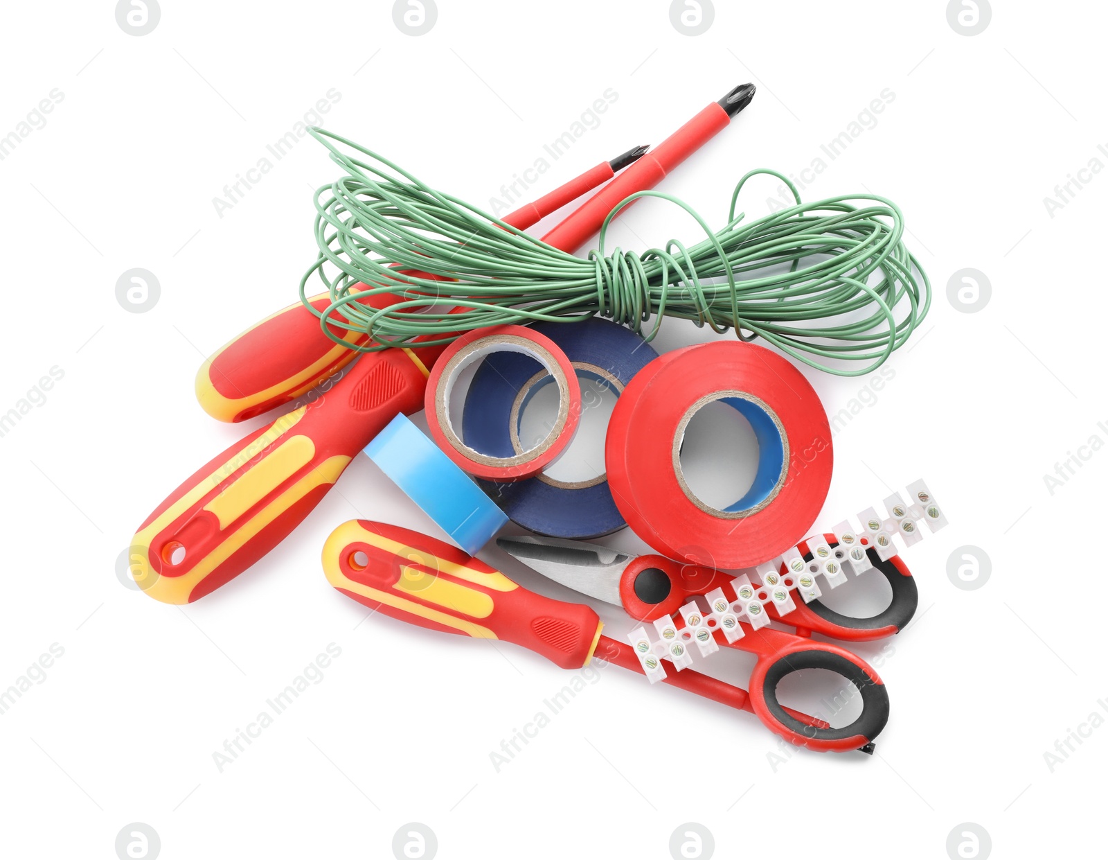 Photo of Set of electrician's tools and accessories on white background, top view