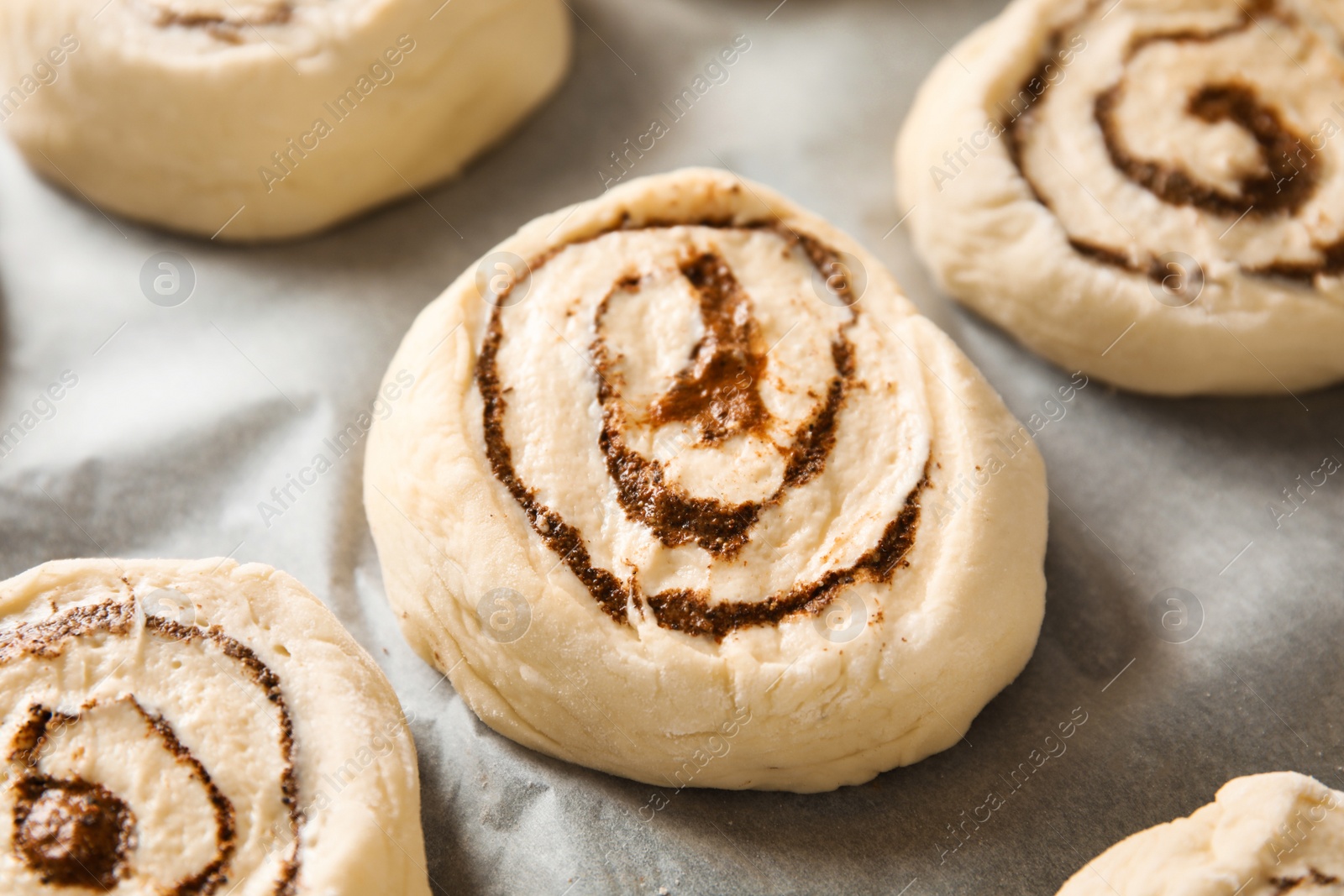 Photo of Raw cinnamon rolls on parchment, closeup view