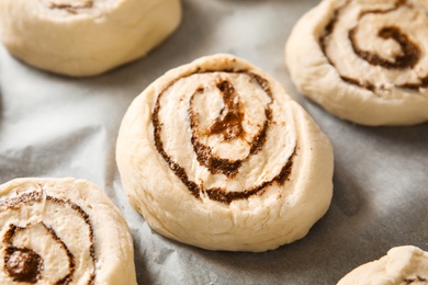 Photo of Raw cinnamon rolls on parchment, closeup view