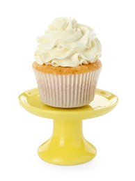 Tasty vanilla cupcake with cream isolated on white