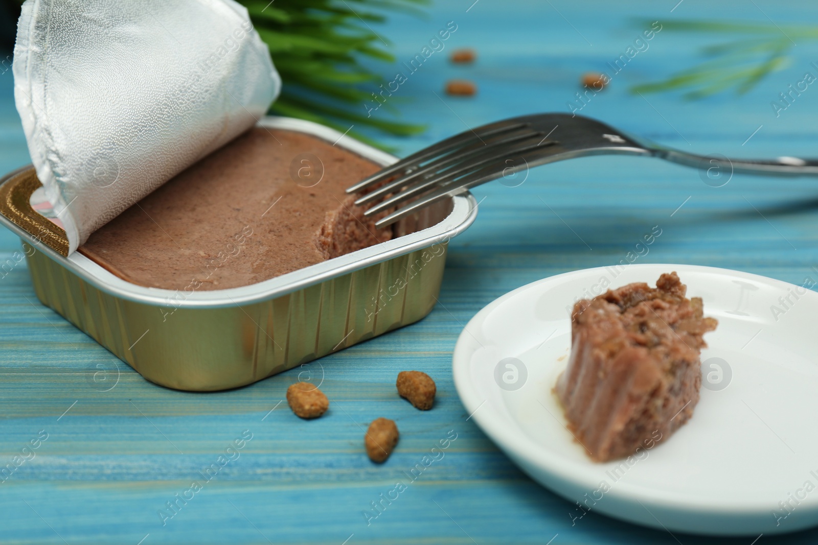 Photo of Kibble, pate and fork on light blue wooden table, closeup. Pet food