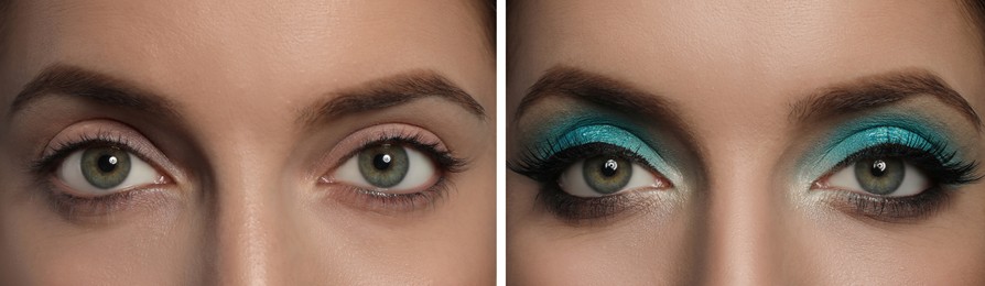 Image of Closeup view of beautiful young woman with and without makeup, collage. Eye shadow product