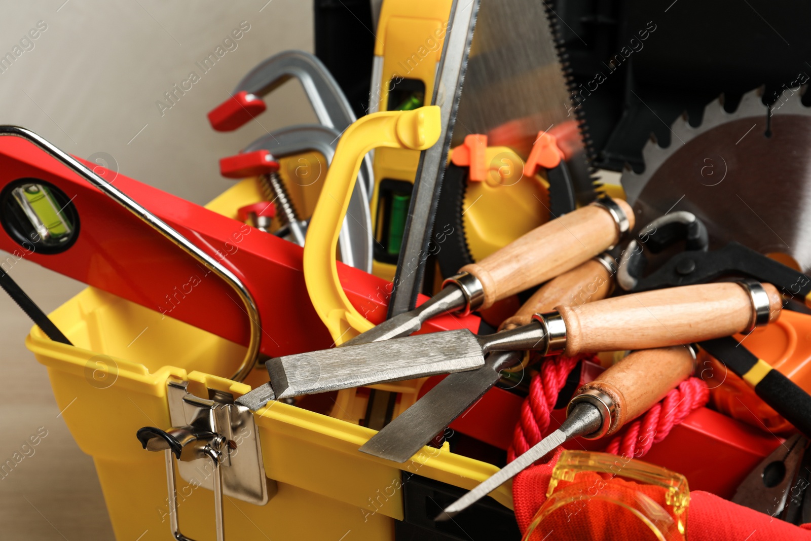 Photo of Box with different carpenter's tools, closeup view