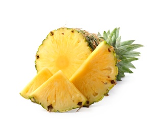 Tasty raw pineapple with slices on white background