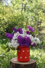 Photo of Bouquet of beautiful lilac flowers in milk can outdoors