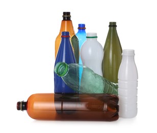 Photo of Many different plastic bottles on white background. Recycling rubbish