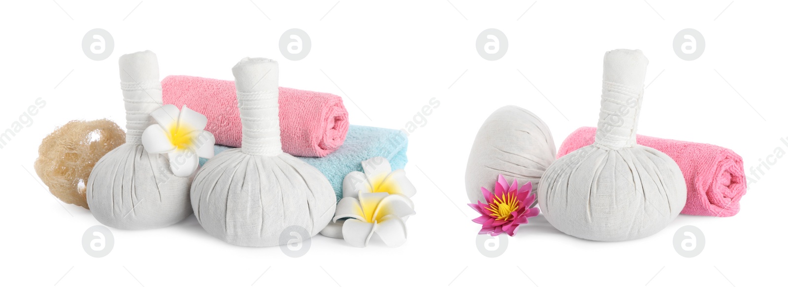 Image of Set with herbal massage bags and different spa supplies on white background. Banner design