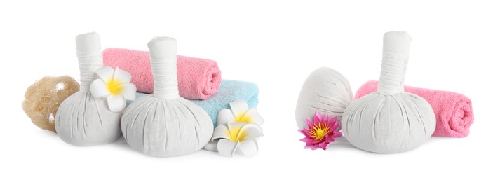 Image of Set with herbal massage bags and different spa supplies on white background. Banner design