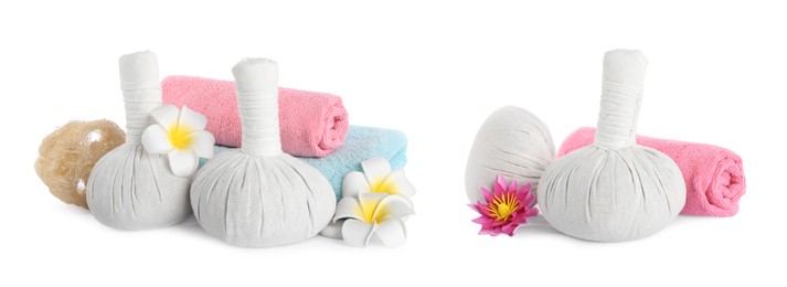 Set with herbal massage bags and different spa supplies on white background. Banner design