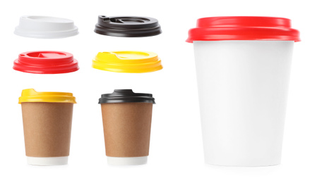 Image of Set of paper coffee cups on white background