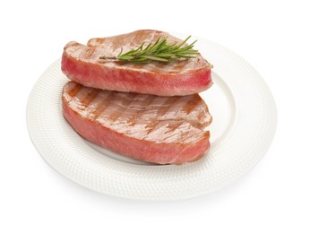 Photo of Delicious tuna steaks with rosemary isolated on white