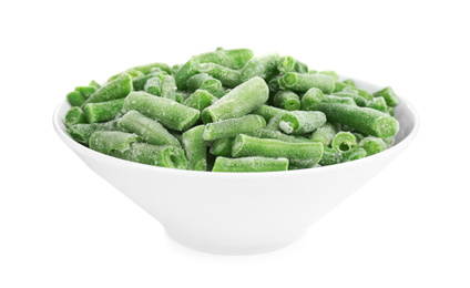 Photo of Frozen green beans in bowl isolated on white. Vegetable preservation