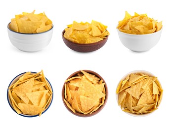 Image of Set with tasty tortilla chips (nachos) on white background