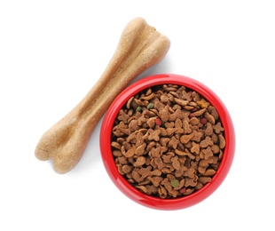 Photo of Toy and food for dog on white background. Pet care