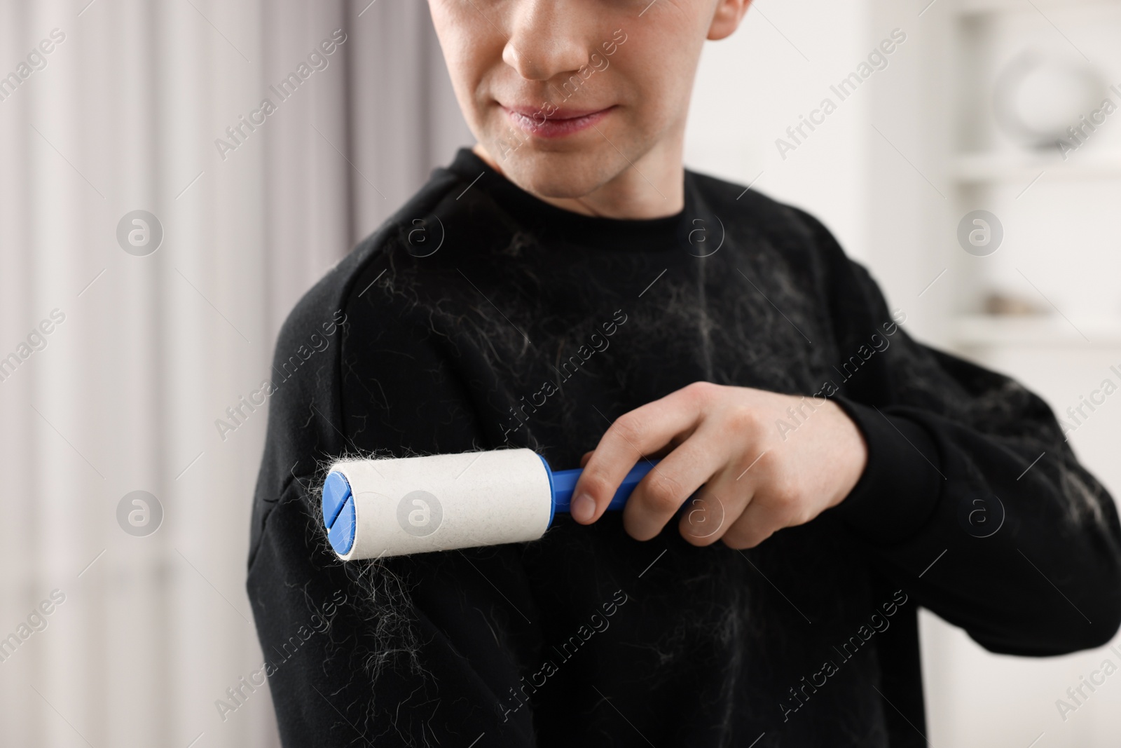 Photo of Pet shedding. Man with lint roller removing dog's hair from sweater at home, closeup