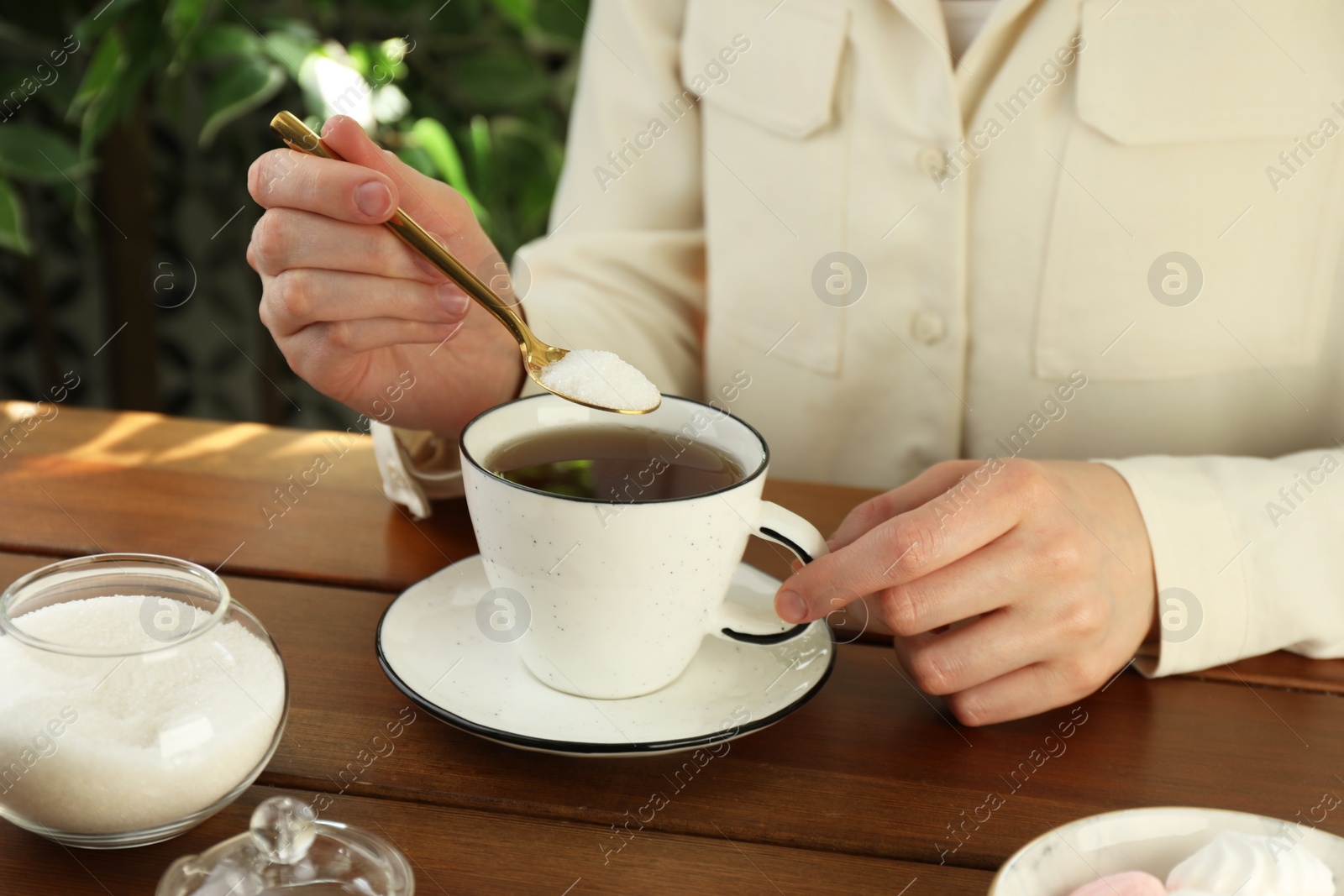 Photo of Woman adding sugar into aromatic tea at wooden table indoors, closeup