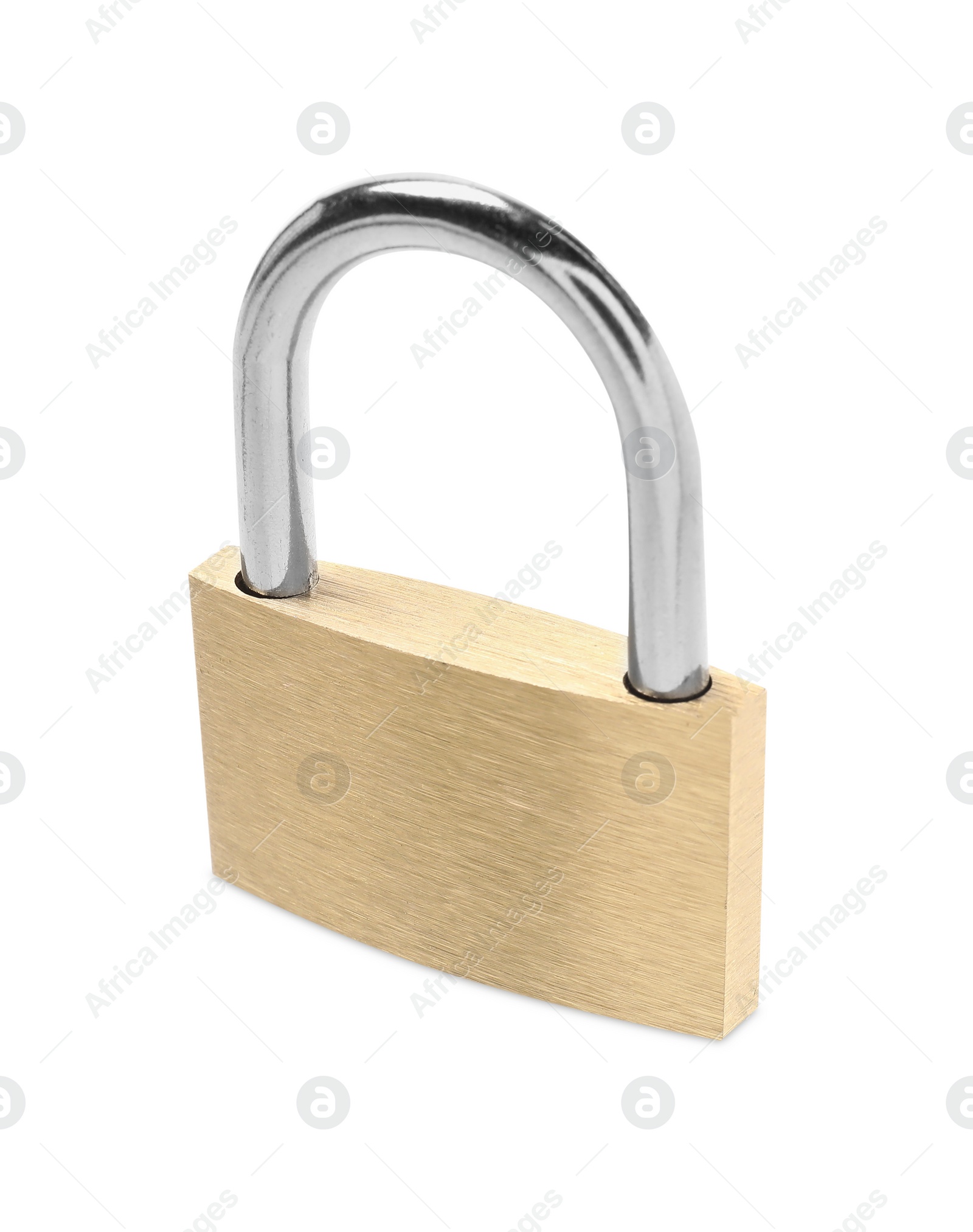 Photo of One new steel padlock isolated on white