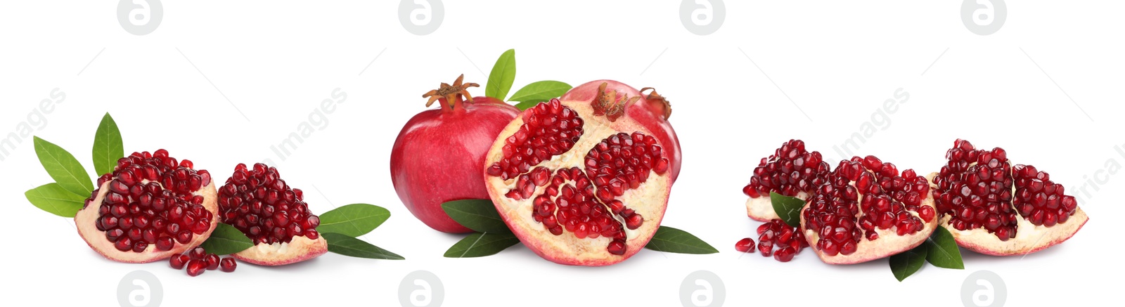 Image of Set with tasty ripe pomegranates on white background. Banner design