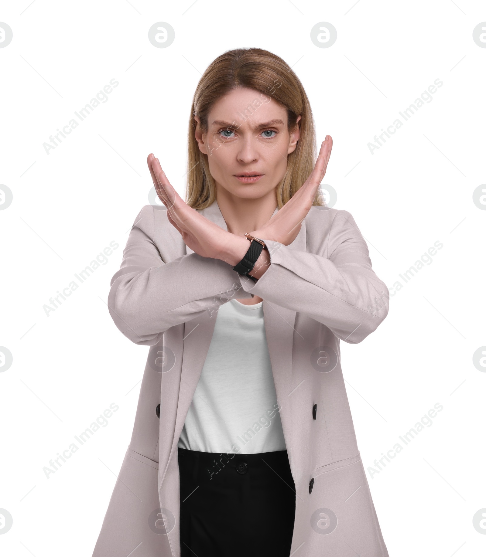 Photo of Portrait of beautiful businesswoman rejecting on white background