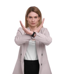 Portrait of beautiful businesswoman rejecting on white background
