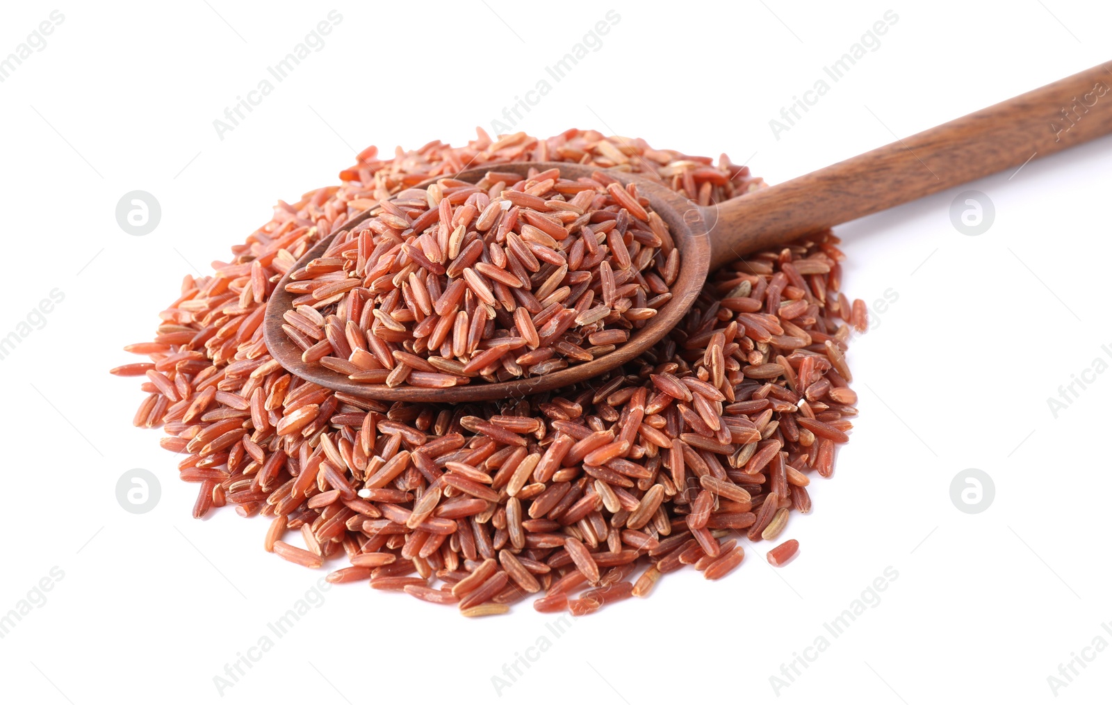 Photo of Brown rice and spoon isolated on white