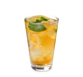 Delicious iced tea in glass on white background