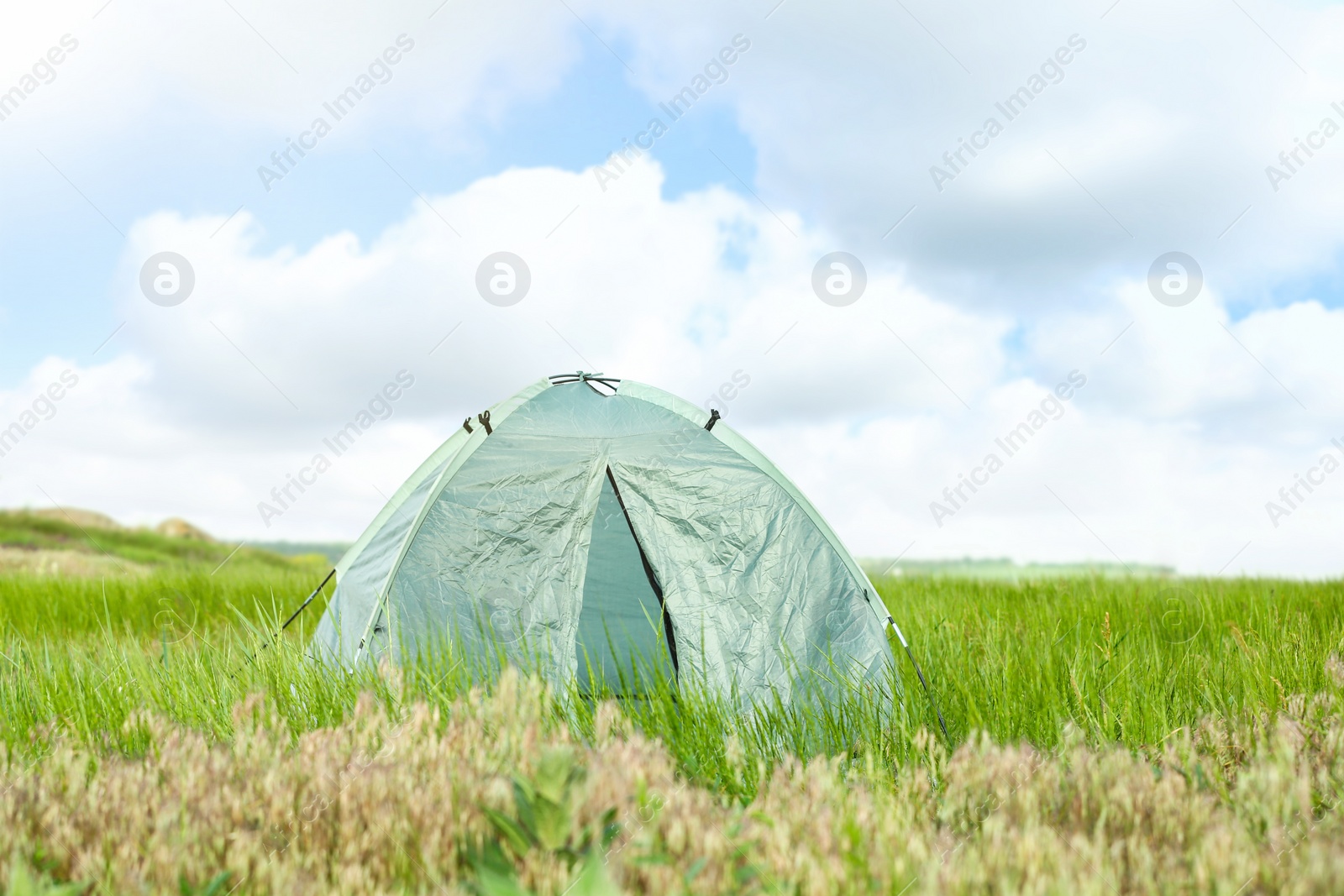 Photo of Modern camping tent in green field on sunny day. Space for text