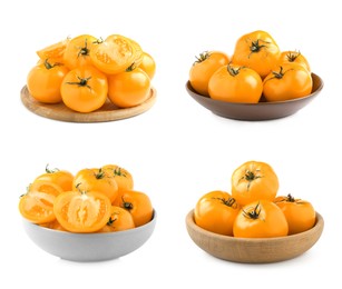 Set  with fresh ripe yellow tomatoes on white background